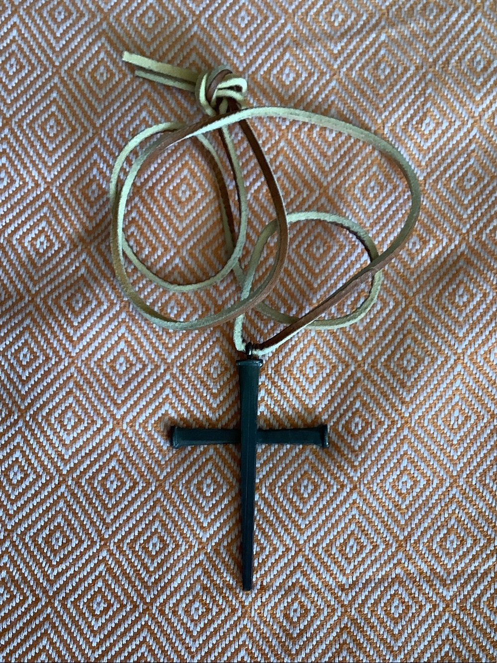 Nail Cross Pendant on Light Tan Suede Necklace